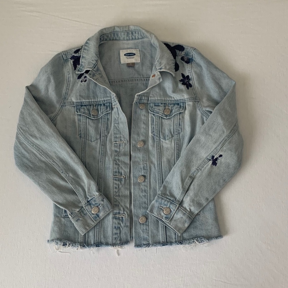 light wash floral patched jean jacket